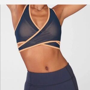 Faye Impact Sports Bra Nude with Navy Mesh Overlay and Strappy Back